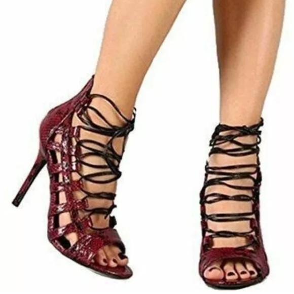 Club Couture Burgundy Animal Print Lace Up Gladiator Peep Toe Heel Size 8 - Picture 10 of 15